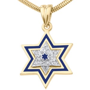 14k Gold Star of David Necklace with Diamonds and Blue Enamel - front view