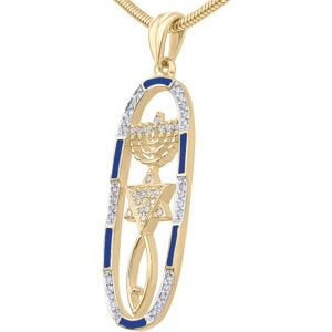 'Grafted In' 14k Gold Messianic Necklace with Diamonds and Blue Enamel - Made in Israel