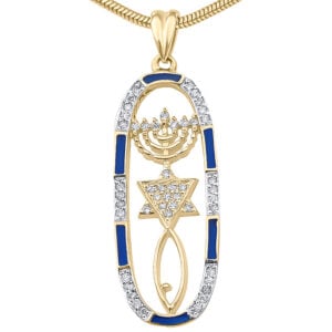 'Grafted In' 14k Gold Messianic Necklace with Diamonds and Blue Enamel