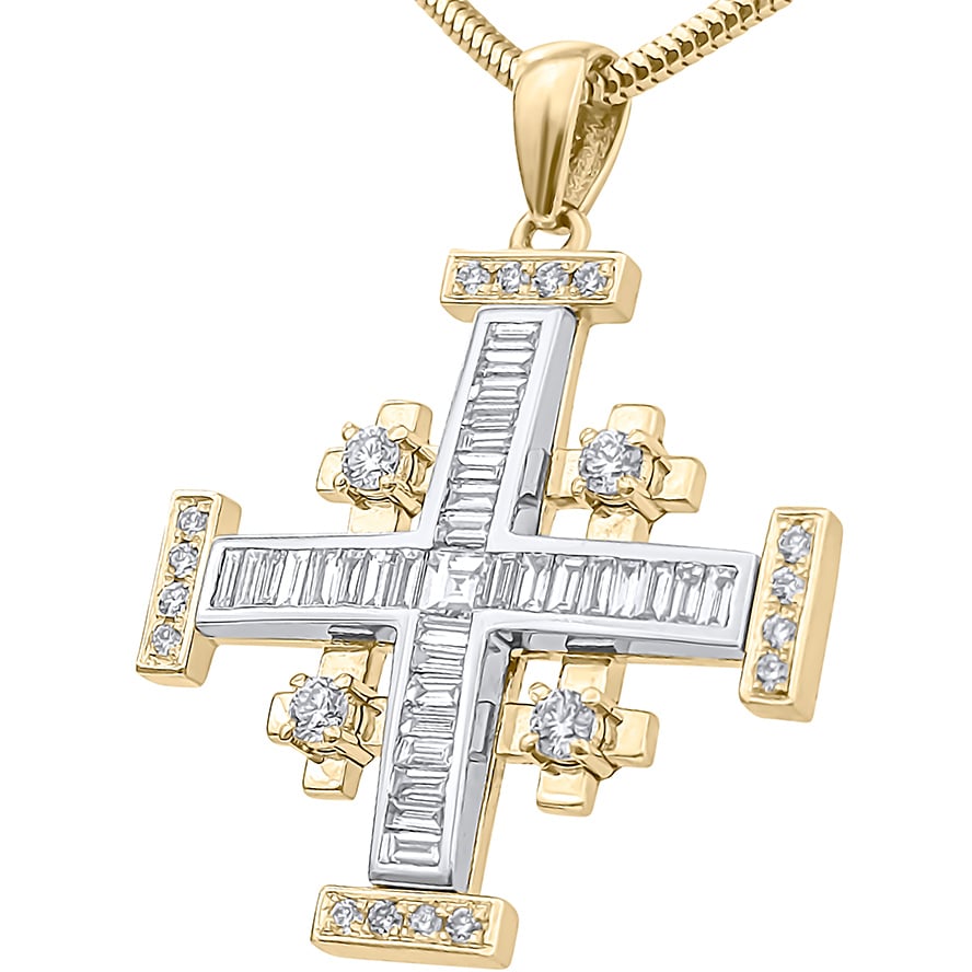 Diamond Encrusted 14k Yellow Gold ‘Jerusalem Cross’ Necklace – Made in Israel