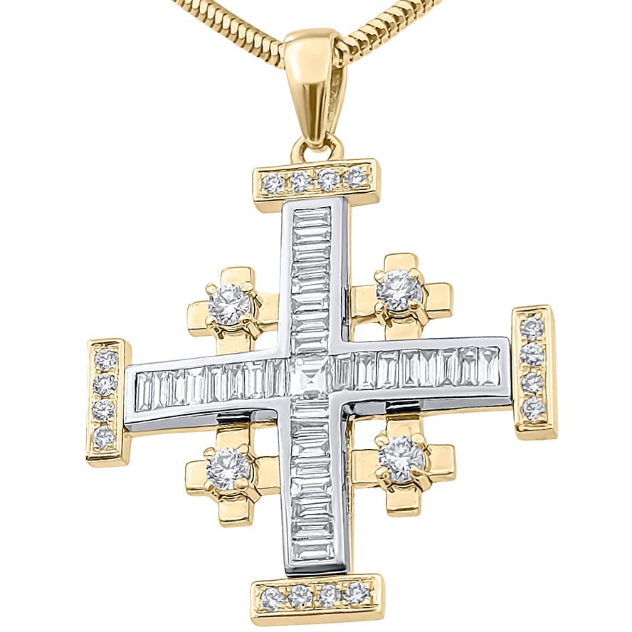 Diamond Encrusted 14k Gold Jerusalem Cross Holy Land Necklace