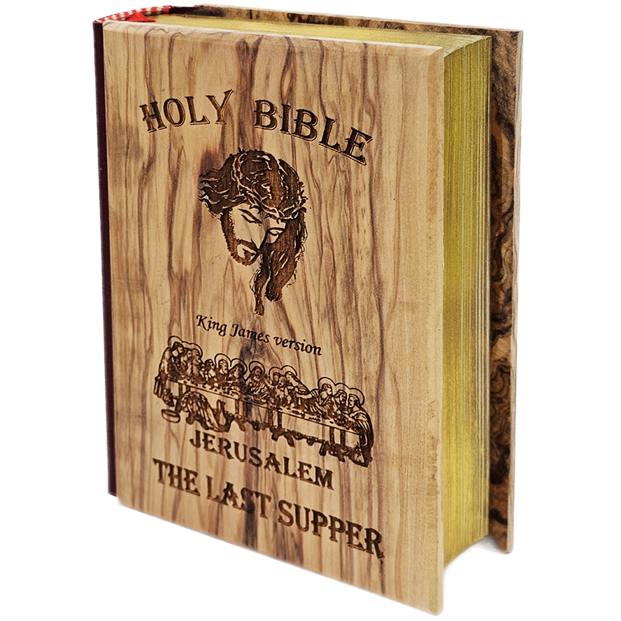 Olive Wood Bible with The Last Supper – Jerusalem Engraving – KJV Red Letter