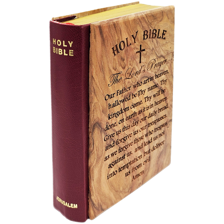Olive Wood Bible with The Lord’s Prayer – Jerusalem Engraving – KJV Red Letter – side view