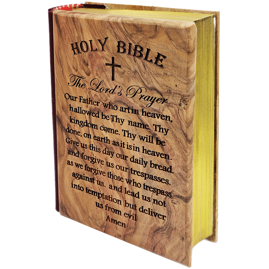 Olive Wood Bible with The Lord’s Prayer – Jerusalem Engraving – KJV Red Letter – Made in Israel