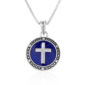 Round Cross Necklace with Blue Enamel in Sterling Silver with chain