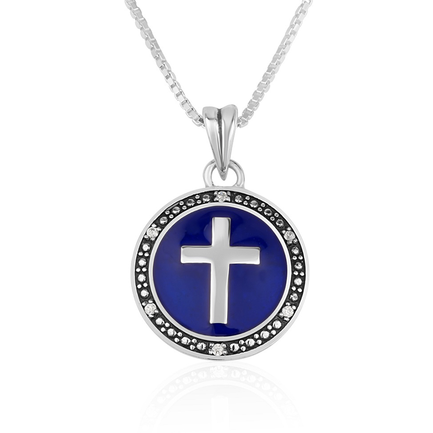 Round Cross Necklace with Blue Enamel in Sterling Silver with chain