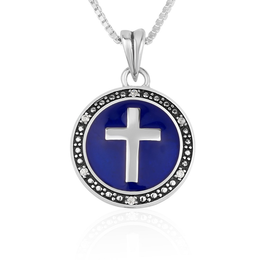 Round Cross Necklace with Blue Enamel and Zircon – Sterling Silver – Made in Israel by Marina Jewelry