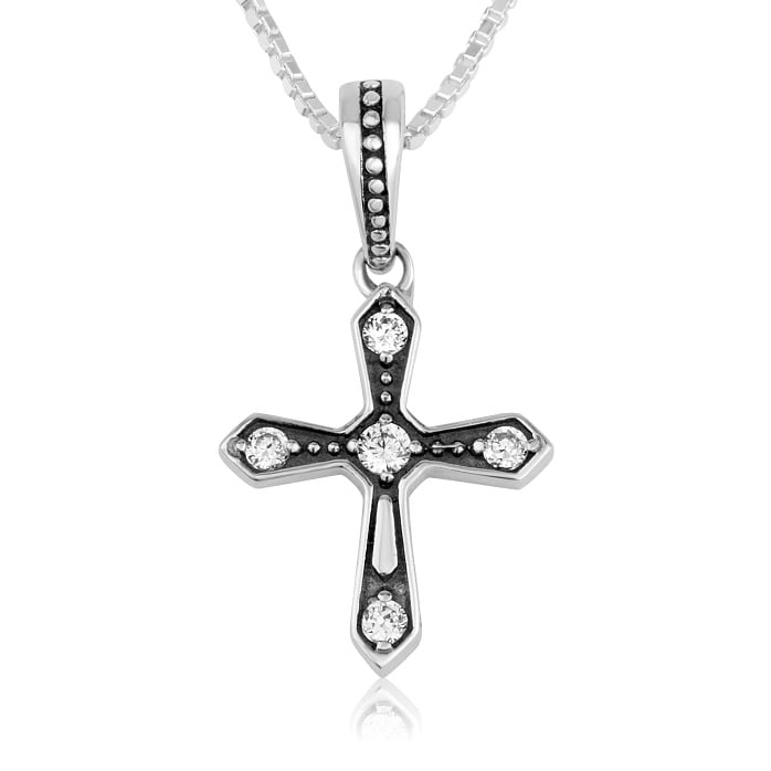 Cross Necklace – Five Wounds of Christ in Zircon – Sterling Silver – Made in Israel by Marina Jewelry
