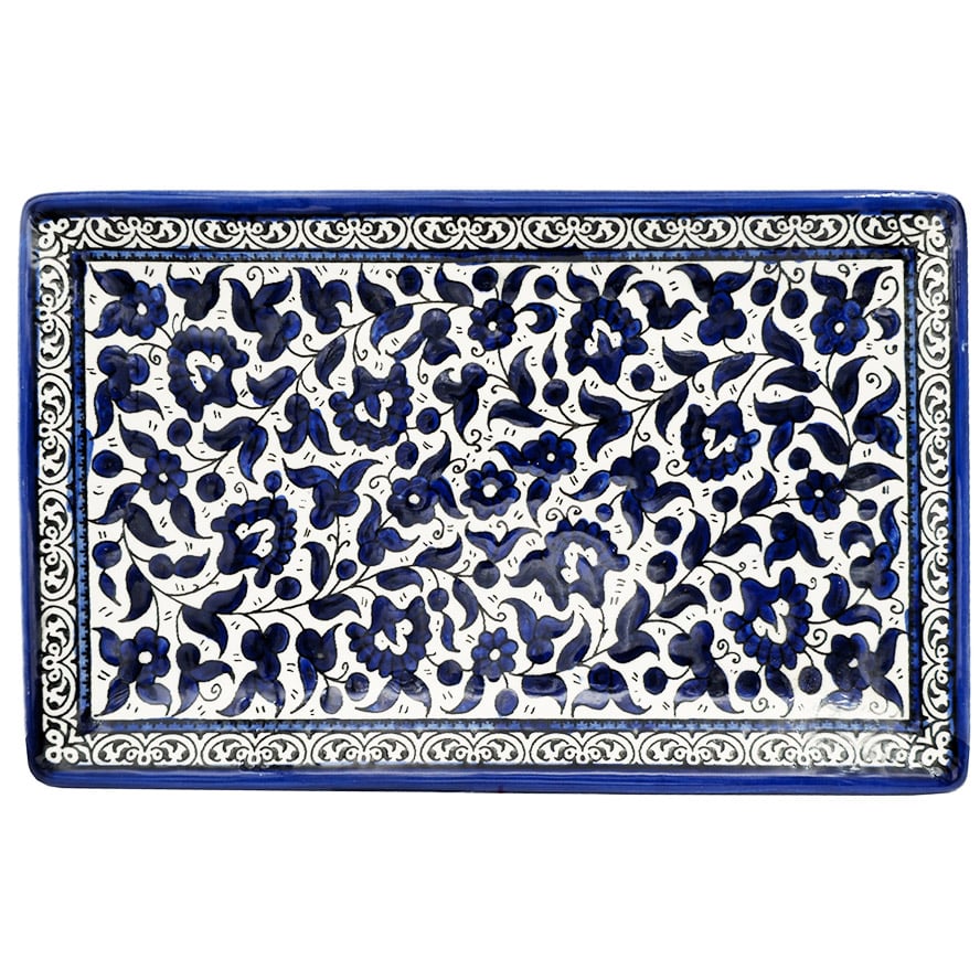 Jerusalem Ceramic ‘Blue Flowers’ Rectangle Serving Dish – Made in Israel – 13″