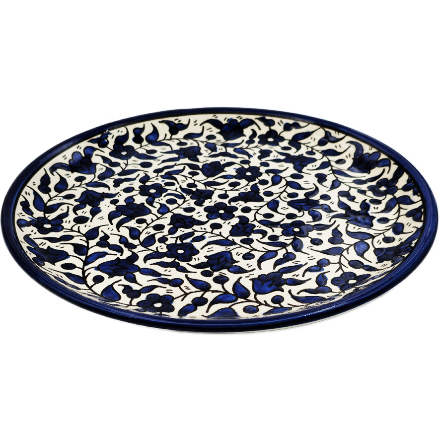 Jerusalem Ceramic 'Blue Flowers' Large Plate - Made in the Holy Land - angle view