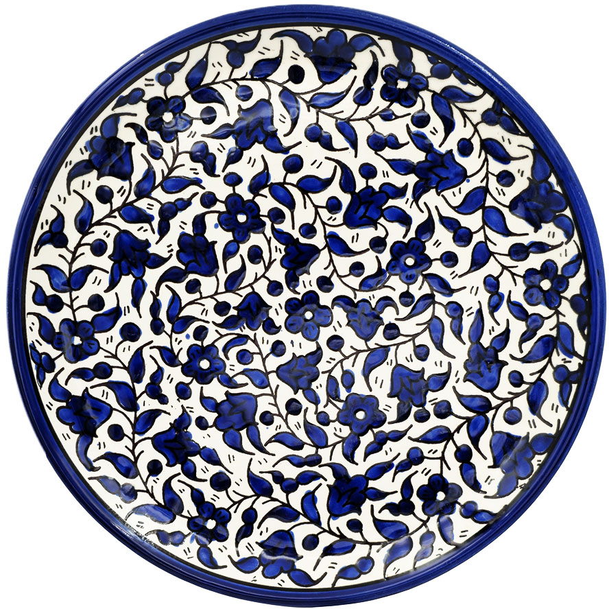 Jerusalem Ceramic ‘Blue Flowers’ Large Plate – Made in the Holy Land – 10.5″