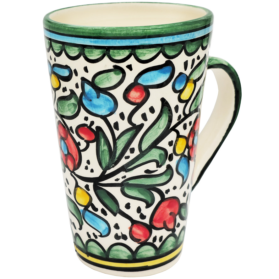 Jerusalem Ceramic Mug – 6″ Green & Floral Hand-Painted Design