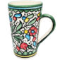 Large Jerusalem Ceramic Coffee Mug - Green with Multi-Colored Flowers - Made in Israel