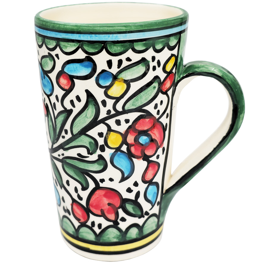 Large Jerusalem Ceramic Coffee Mug – Green with Multi-Colored Flowers – Made in Israel