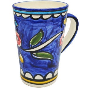 Large Blue Jerusalem Ceramic Coffee Mug - Multi-Colored Flowers - Made in the Holy Land