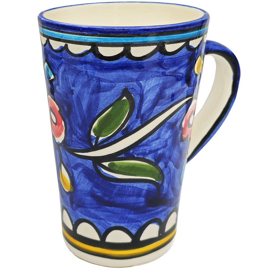 Large Blue Jerusalem Ceramic Coffee Mug - Multi-Colored Flowers - Made in the Holy Land