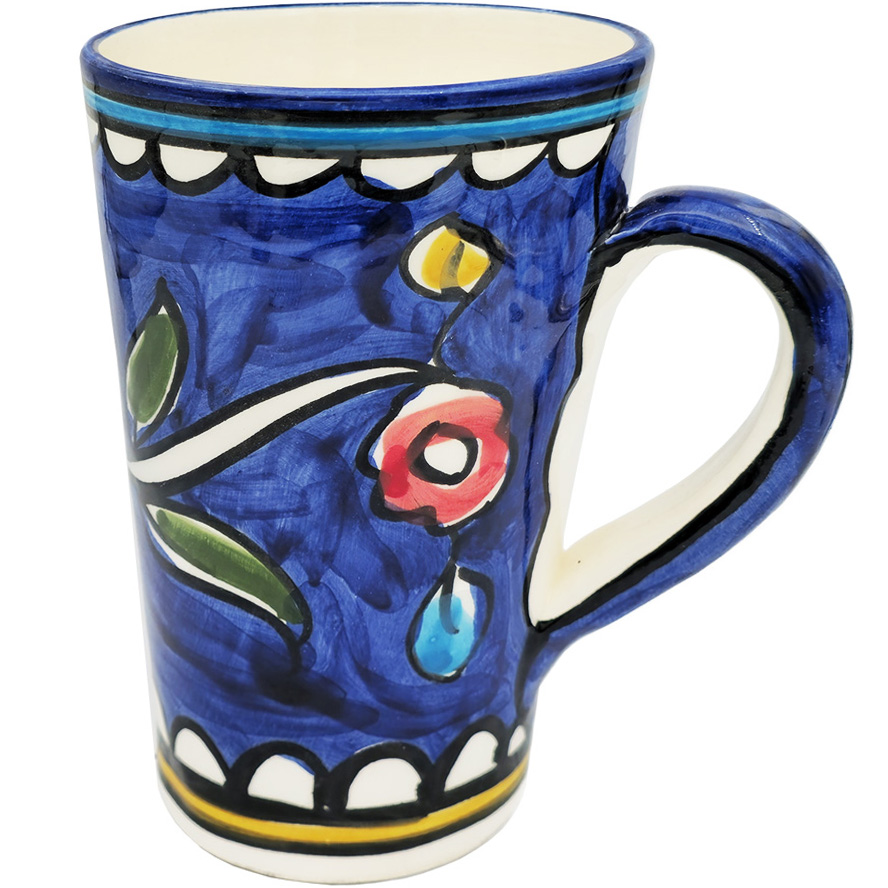 Large Blue Jerusalem Ceramic Coffee Mug – Multi-Colored Flowers – Made in Israel