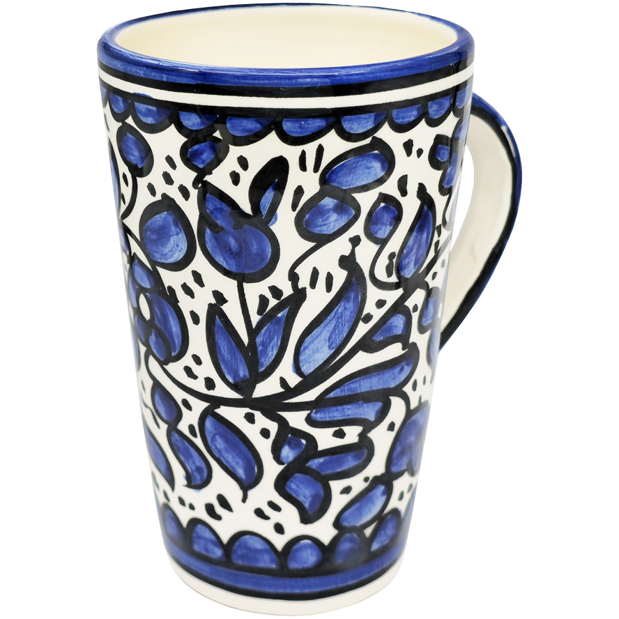 Large Jerusalem Ceramic Coffee Mug with Blue Flowers Design – Made in Israel