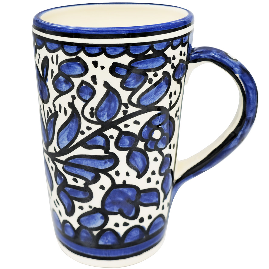 Large Jerusalem Ceramic Coffee Mug with Blue Flowers Design – Made in Israel by Christian Armenians