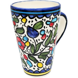 Large Jerusalem Ceramic Coffee Mug with Colorful Floral Design - angle view