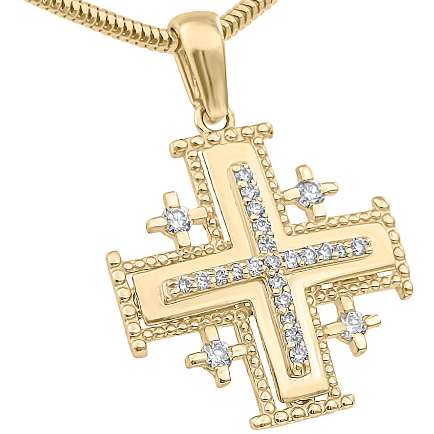 Exceptional ‘Jerusalem Cross’ Necklace in 14k Gold with Diamonds – Made in the Holy Land