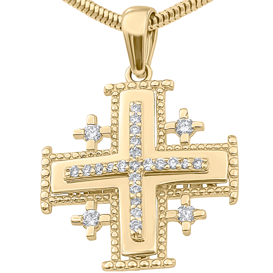 Authentic 14k Gold Jerusalem Cross Necklace with Diamonds