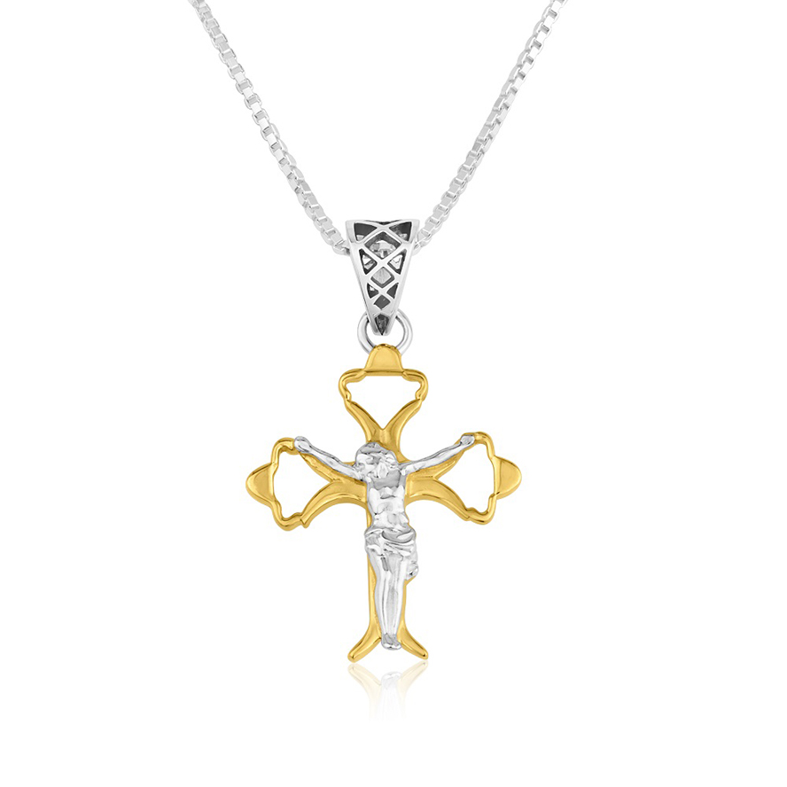 Sterling Silver & Gold Plated Crucifix Necklace by Marina Jewelry - Silver Chain