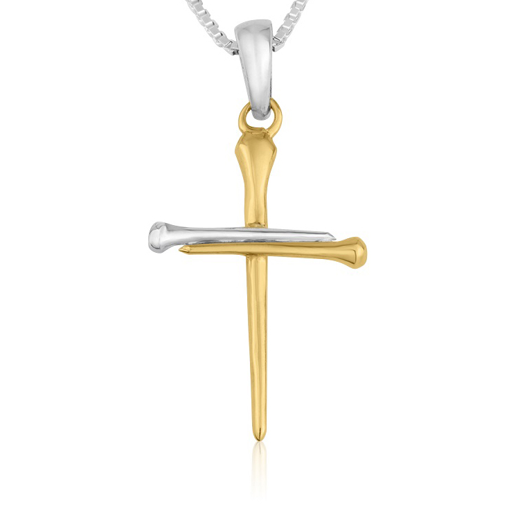 Cross of Nails Necklace in Sterling Silver and Gold Plated Nails – Made in Israel by Marina Jewelry