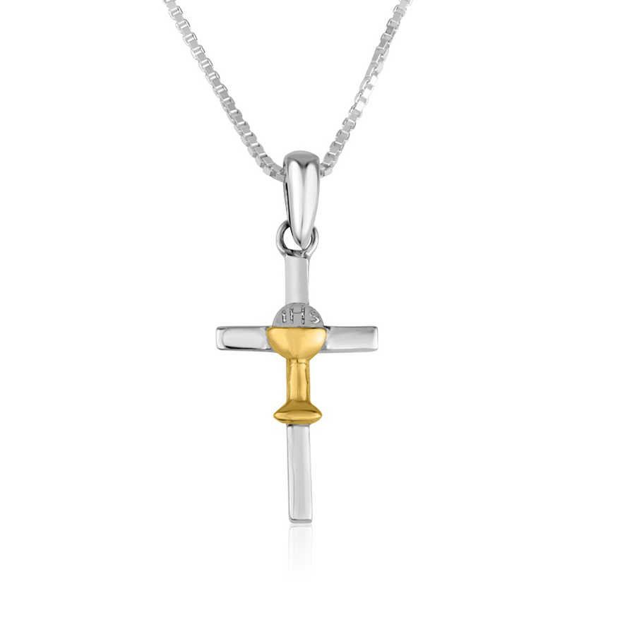First Communion IHS Necklace – Sterling Silver & Gold Plated – with silver chain