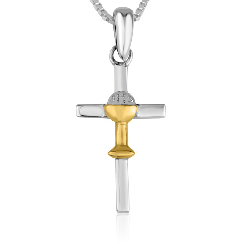 First Communion IHS Necklace – Sterling Silver & Gold Plated – Made in the Holy Land