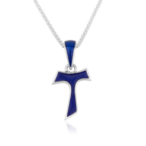 Sterling Silver Tau Cross with Blue Enamel Necklace - Made in the Holy Land