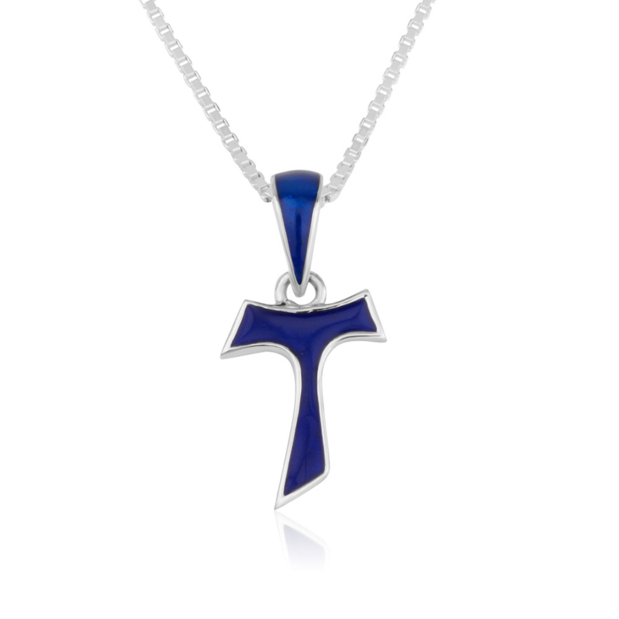 Sterling Silver Tau Cross with Blue Enamel Necklace – Made in the Holy Land