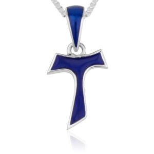 Sterling Silver Tau Cross with Blue Enamel Necklace - Detail
