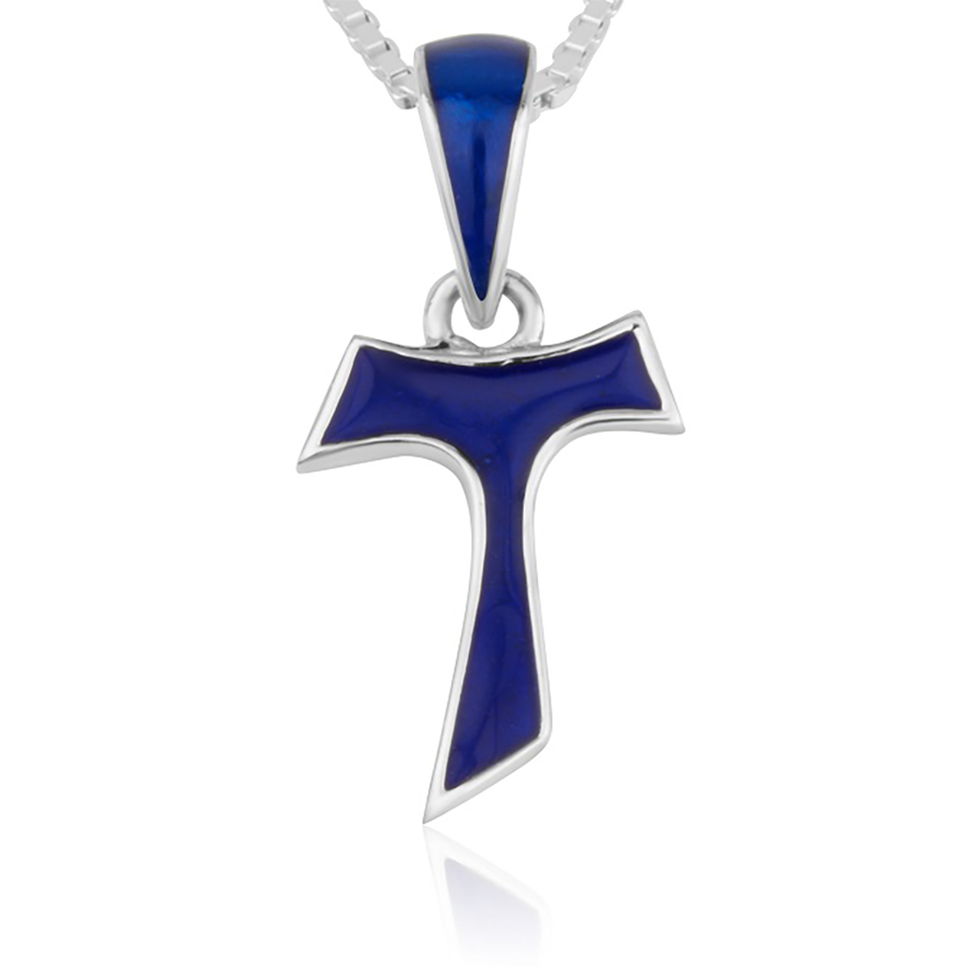 Sterling Silver Tau Cross with Blue Enamel Necklace – Detail