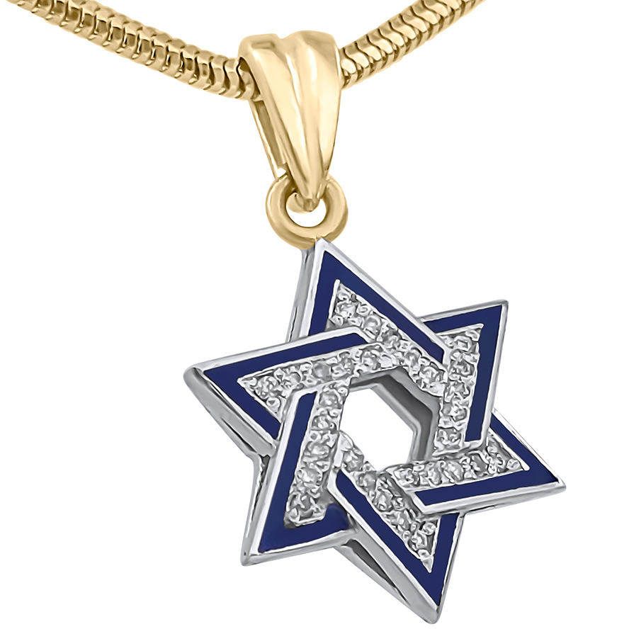 14k Gold Star of David Necklace with Diamonds and Blue Enamel – Made in Israel