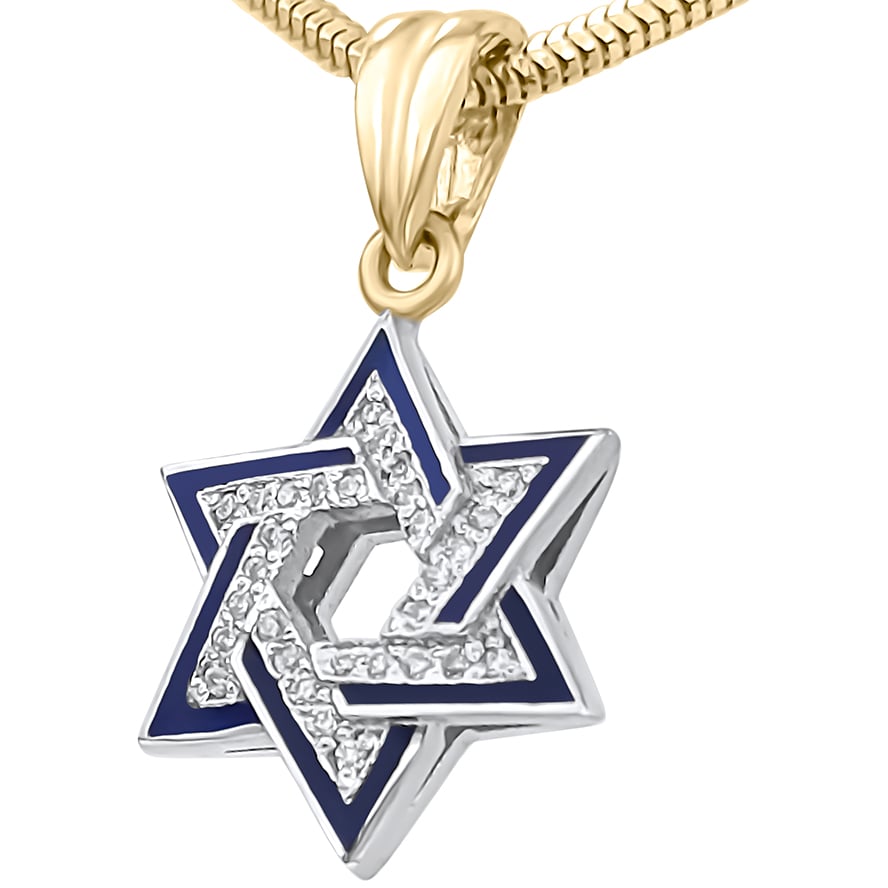 Star of David Necklace in 14k Gold with Diamonds & Blue Enamel