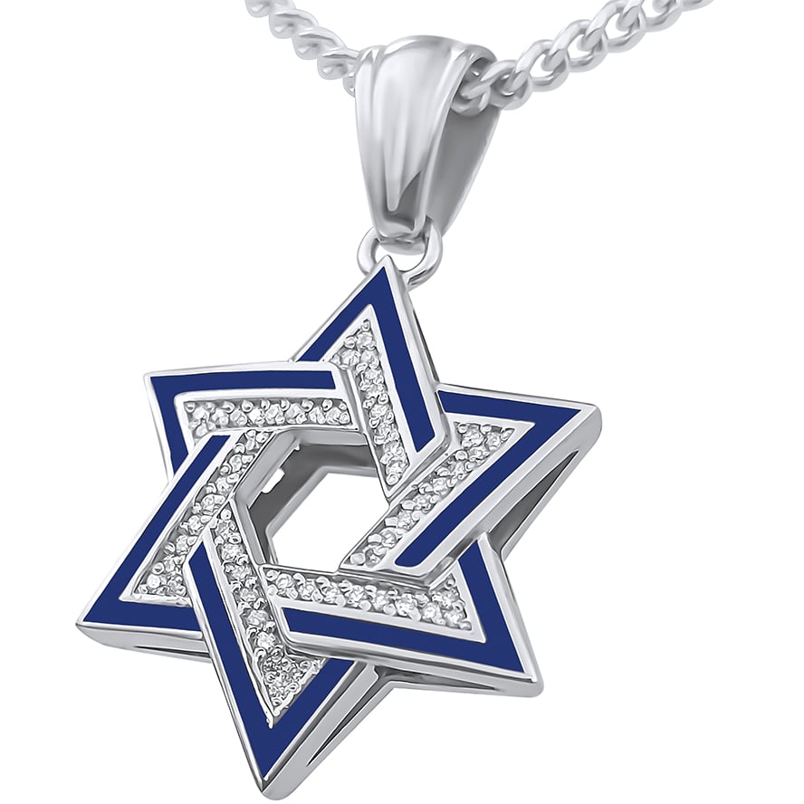 14k White Gold Star of David Necklace (Shield of David) with Diamonds and Blue Enamel - Made in Israel