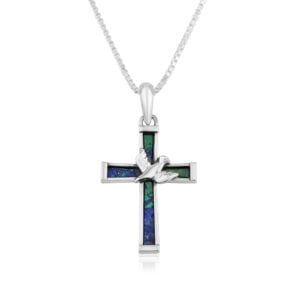 Sterling Silver Cross Necklace with Holy Spirit Dove over Solomon Stone - with silver chain