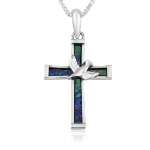 Sterling Silver Cross Necklace with Holy Spirit Dove over Solomon Stone - Made in Israel