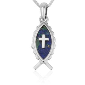 Sterling Silver Fish and Cross Pendant with Solomon Stone - Made in Israel