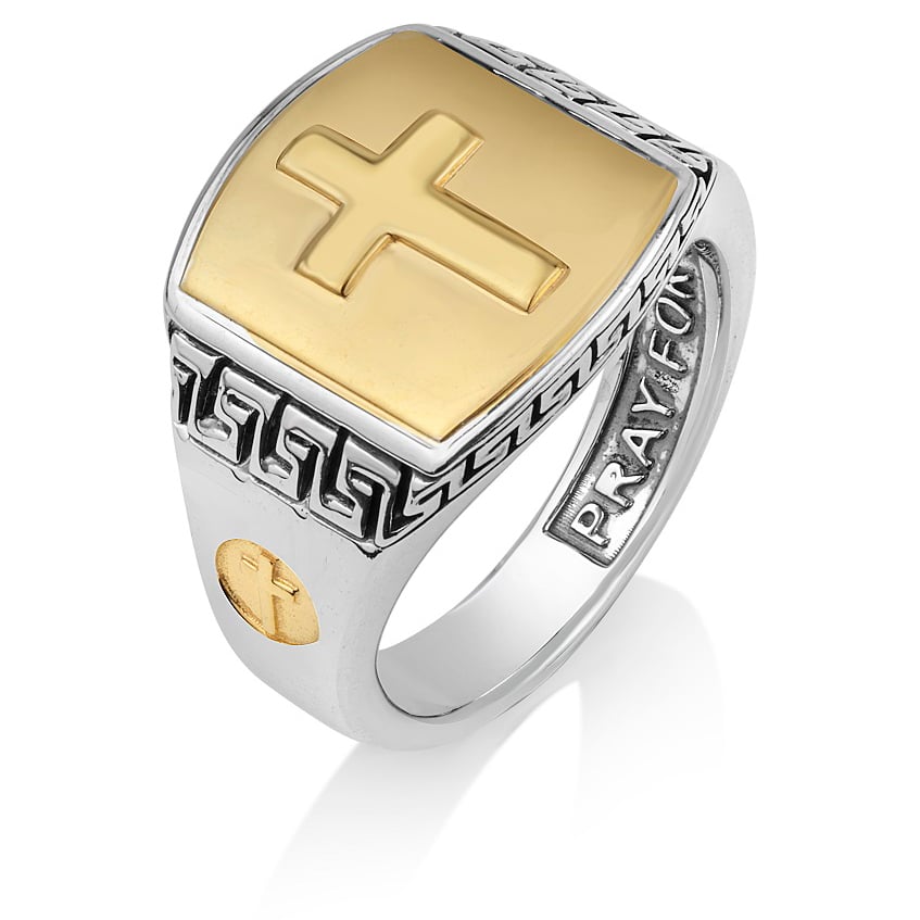Sterling Silver & Gold Plated face with Cross Ring – Engraved inside Psalm 122:6 – Made in Israel by Marina Jewelry