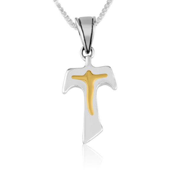 Tau Cross Crucifix Necklace - Sterling Silver & Gold Plated