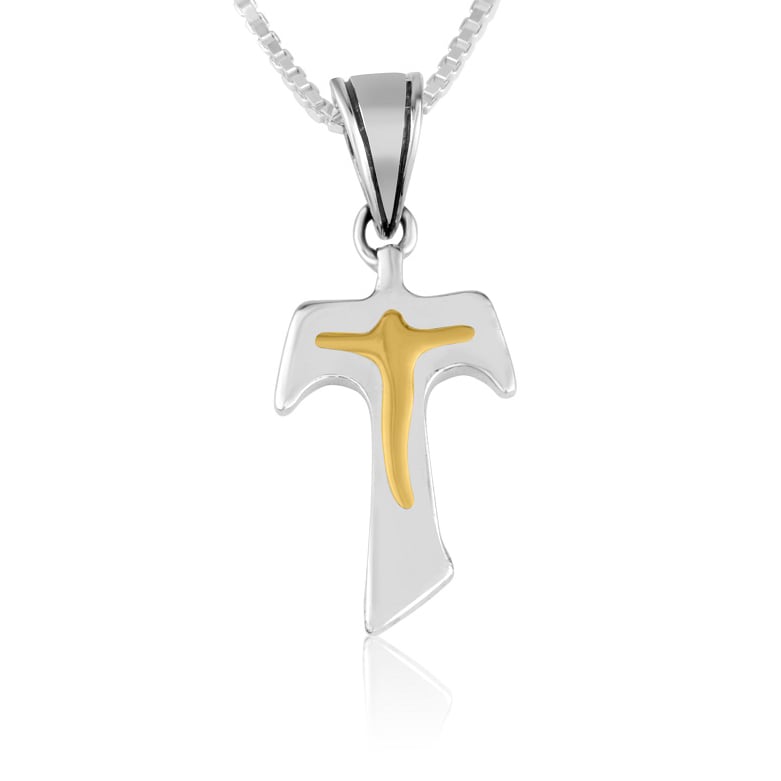Tau Cross Necklace in Sterling Silver with Gold Plated Crucifix - Made in the Holy Land