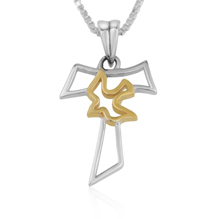 Tau Cross Necklace in Sterling Silver with Gold Plated Dove – Made in Israel