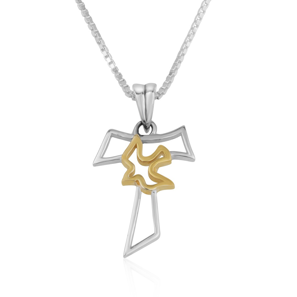 Sterling Silver Tau Cross Necklace with Gold Plated Dove