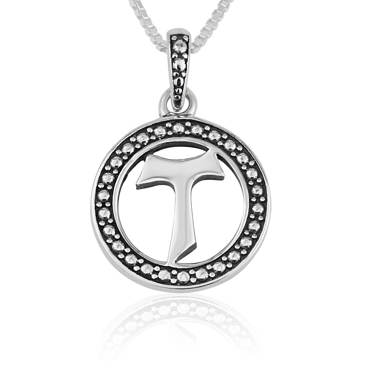 Round Tau Cross Necklace in Sterling Silver - Made in the Holy Land by Marina Jewelry