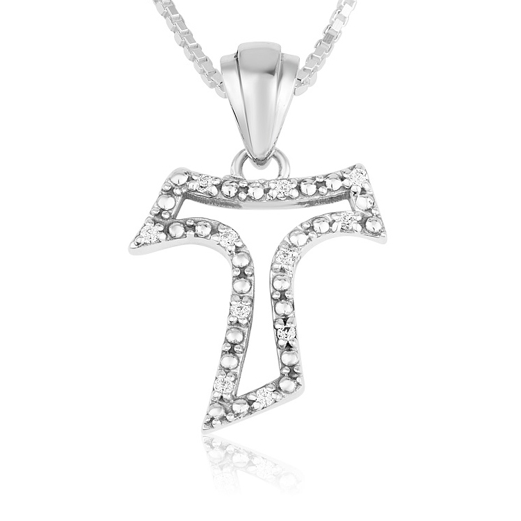 Tau Cross Necklace in Sterling Silver with Zircon – Made in Israel by Marina Jewelry