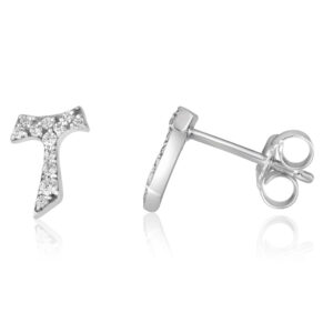 Sterling Silver Tau Cross Stud Earrings with Zircon by Marina Jewelry - Made in Israel