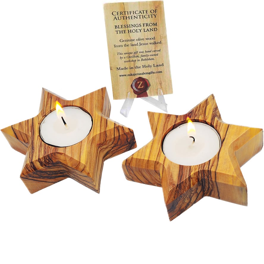 Pair of 'Star of David' Shabbat Olive Wood Tealight Candle Holders - Made in Israel