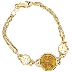 Authentic 4th Century Gold 'Theodosius I' Christian Coin Mounted in a 14k Gold Cross Bracelet